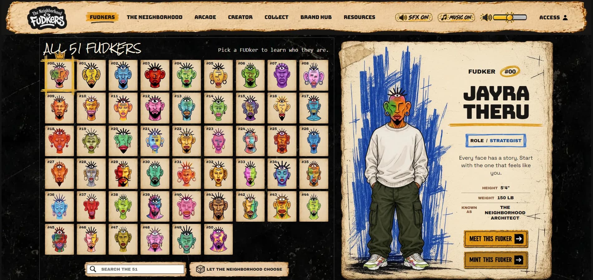FUDkers.xyz desktop character selection screen