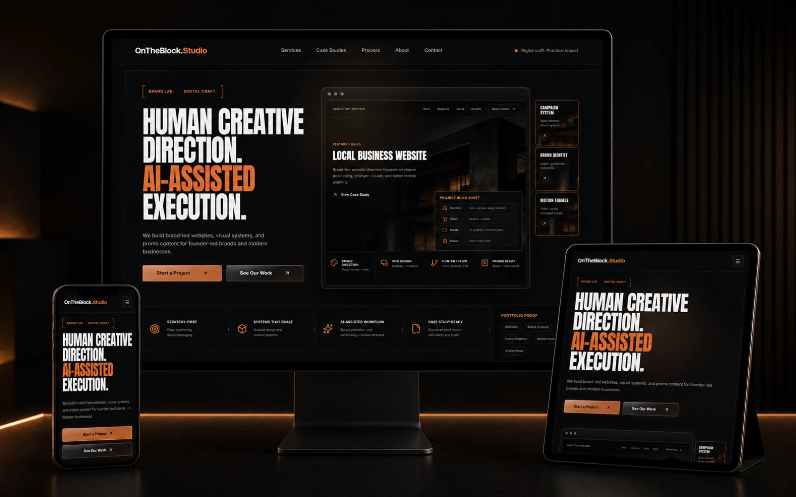 OnTheBlock Studio visual system across digital screens